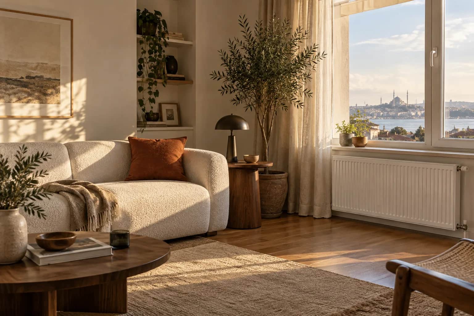 Pencere altında radyatör bulunan bir oturma odası